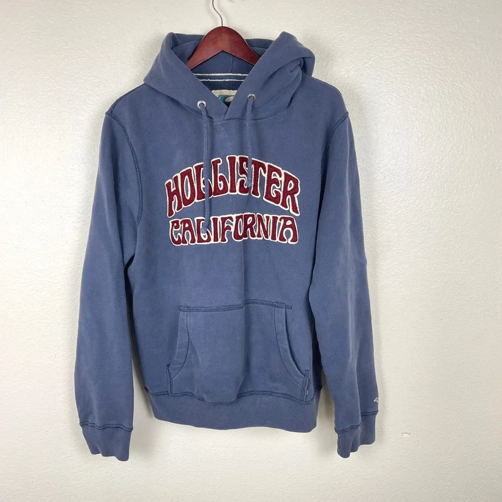Y2K 90s Hollister Mens Hoodie Sz L Hooded Sweatshirt Logo Navy Blue Pullover